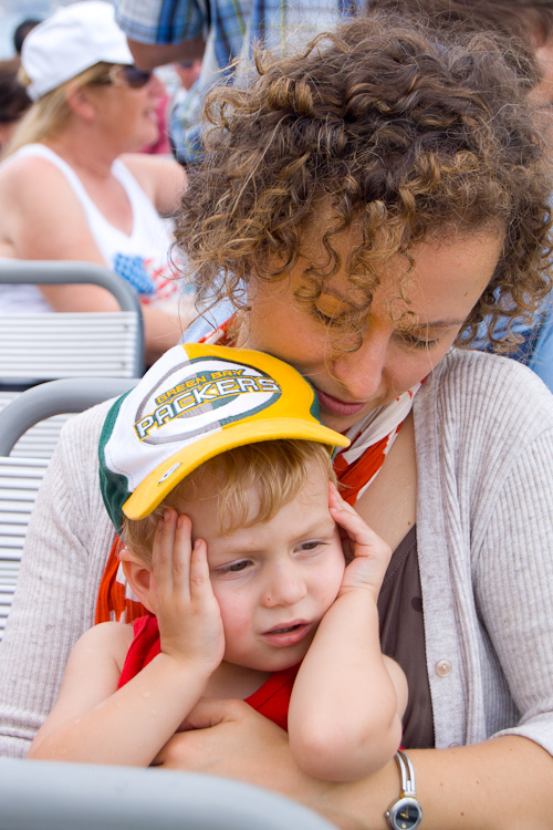 Covering his ears during a scary stretch on the New York Water Taxi