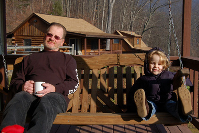 Morning coffee with Grandpa at the cabin